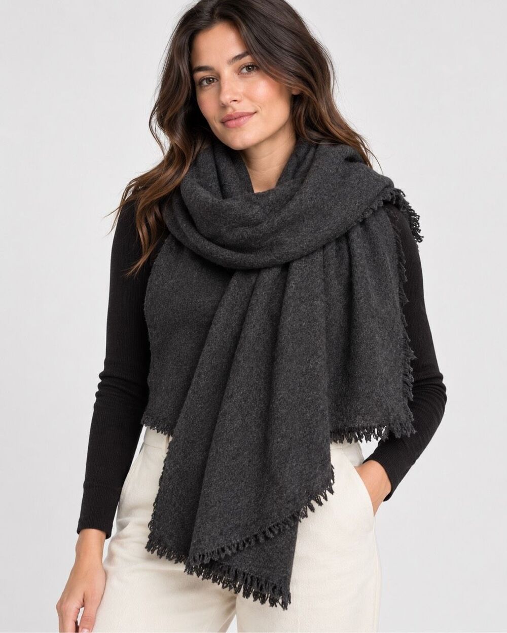 Lululemon 100% Wool Oversized Scarf Wrap Charcoal Gray Fringe 54x34 O/S Winter